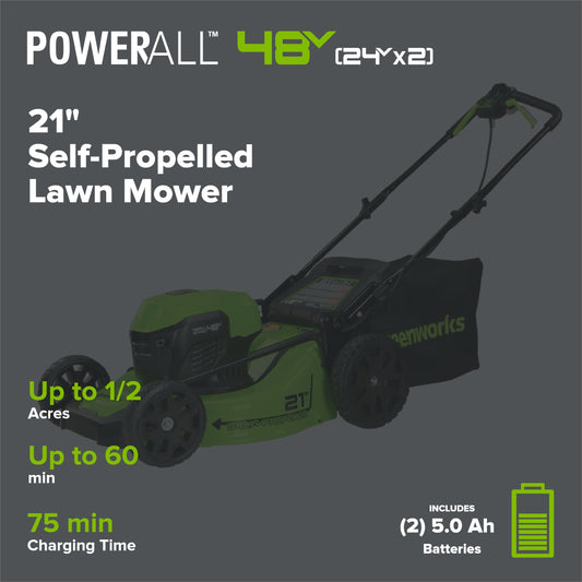 48V (24V x 2) 21" Cordless Battery Self-Propelled Mower, 12" String Trimmer and 320 CFM Blower Combo Kit: (2) 5.0Ah Batteries and Chargers