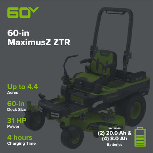 60V 60" MaximusZ Zero Turn: (2) 20.0 Ah, (4) 8.0 Ah Batteries and 1.5kW Charger