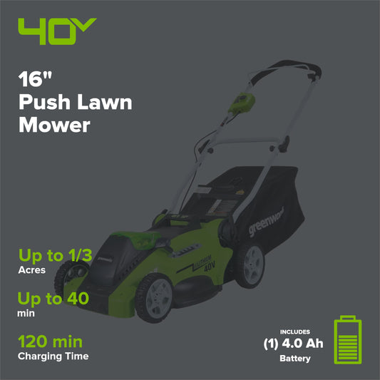 40V 16" Cordless Battery Push Lawn Mower w/ 4.0Ah Battery & Charger