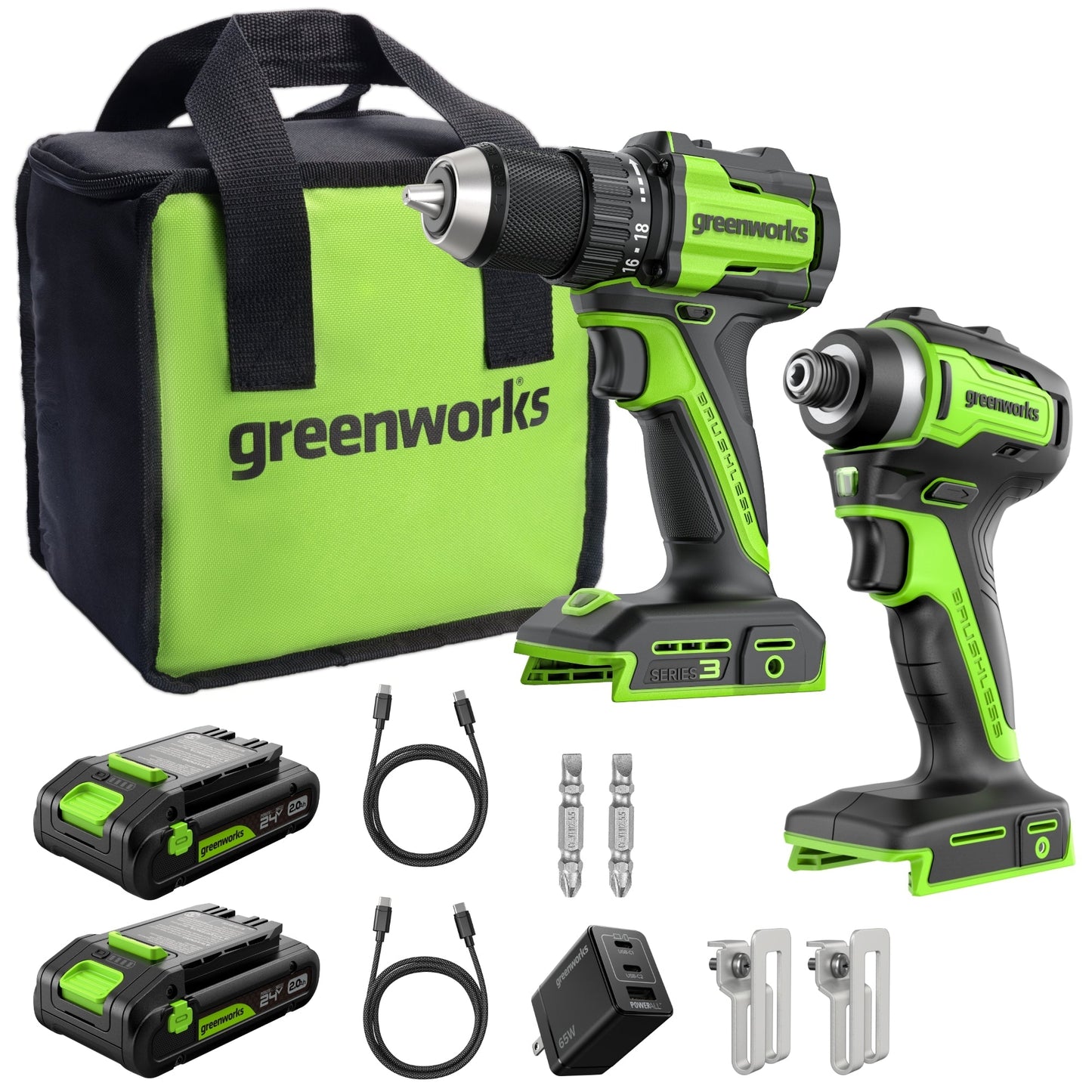 24V Cordless Battery 400 in-lbs Drill / Driver and 1950 in-lbs Impact Driver, Two(2) 2.0 Ah USB-C Batteries and 65W USB-C Fast Charger