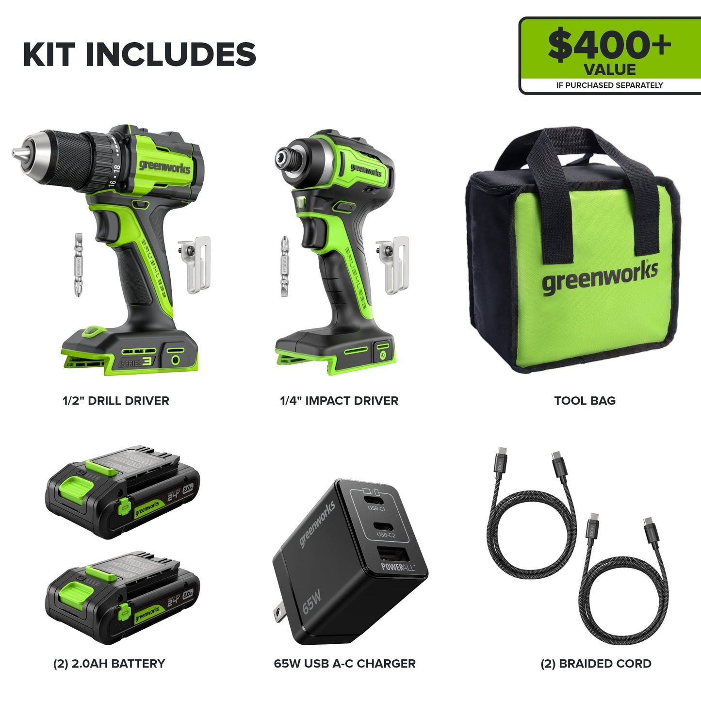 24V Cordless Battery 400 in-lbs Drill / Driver and 1950 in-lbs Impact Driver, Two(2) 2.0 Ah USB-C Batteries and 65W USB-C Fast Charger