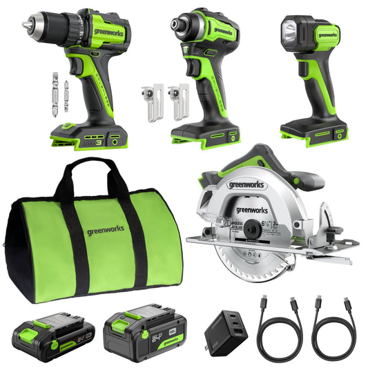24V Brushless Power Tool 4PC Combo Kit, (1) 4.0 Ah and (1) 2.0 Ah USB-C Batteries and 65W USB-C Fast Charger