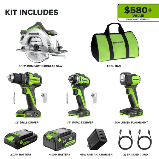 24V Brushless Power Tool 4PC Combo Kit, (1) 4.0 Ah and (1) 2.0 Ah USB-C Batteries and 65W USB-C Fast Charger