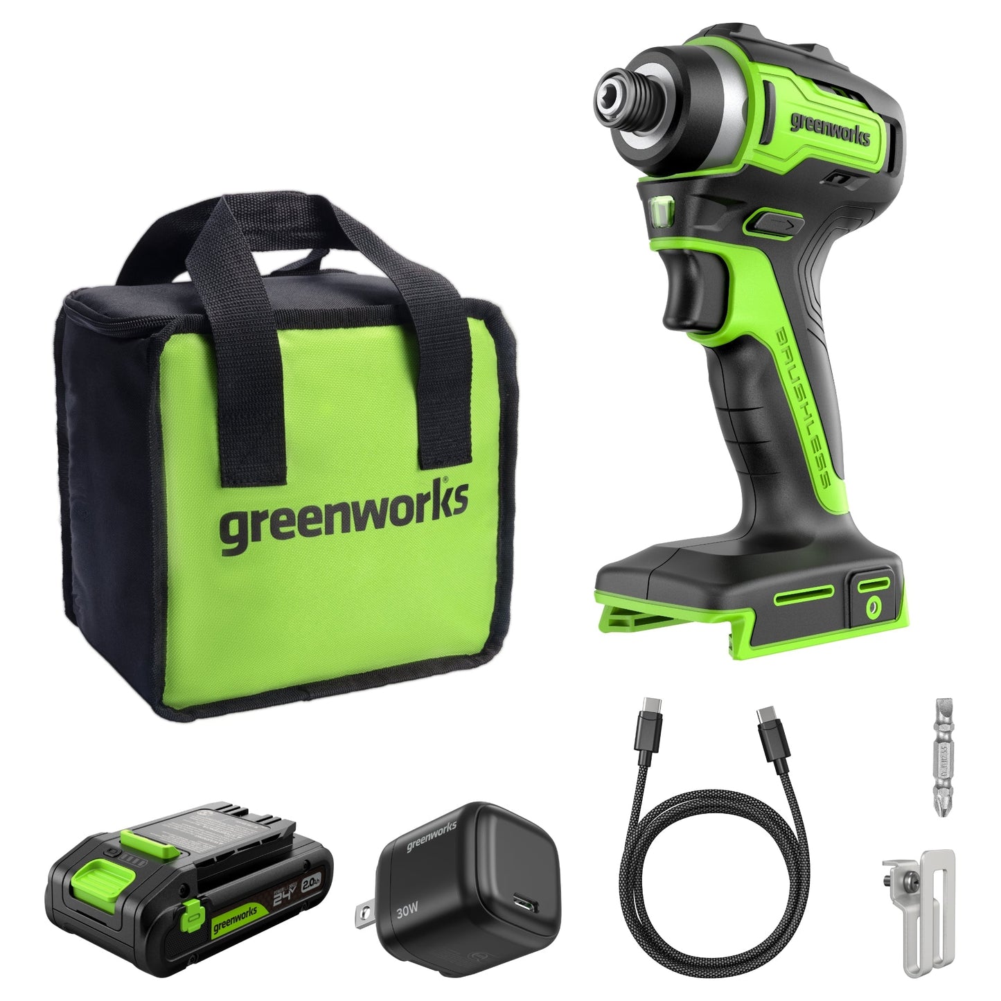 24V 1/4" 1950 in/lbs Brushless Impact Driver Kit: 2.0 Ah USB-C Batteries and 30W USB-C Fast Charger